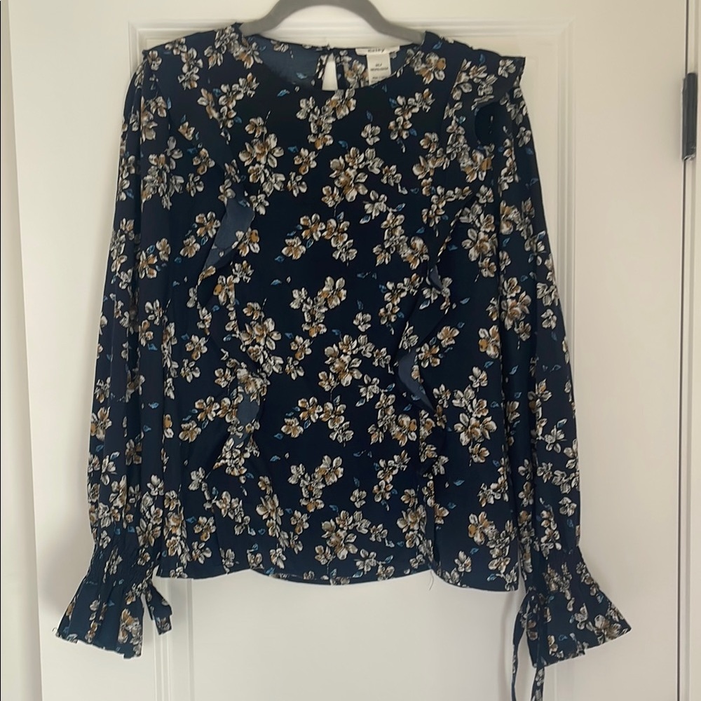 Esley Black Ruffled Tie Front Blouse with Mandarin Collar